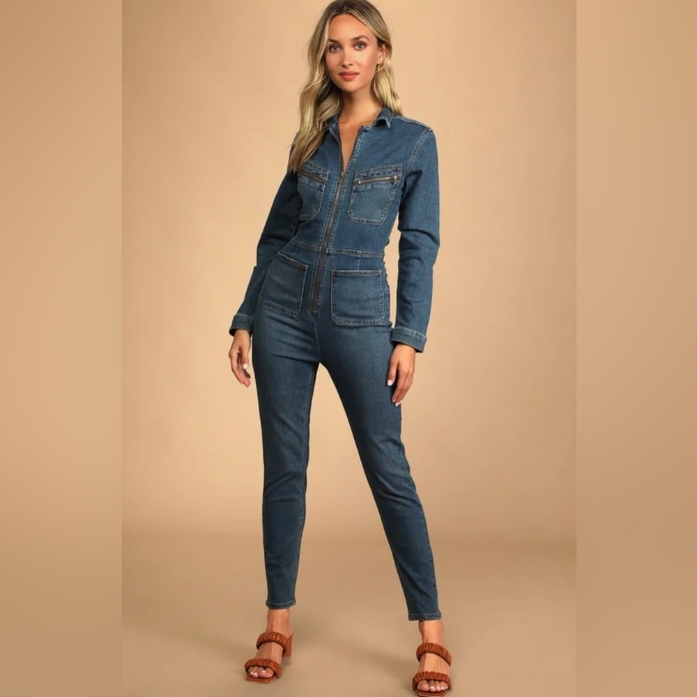 Free People Lennox medium wash blue denim jeans utility Jumpsuit size medium new